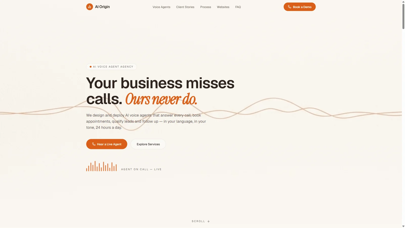The AI Origin site: a waveform hero with the line 'Your business misses calls. Ours never do.'