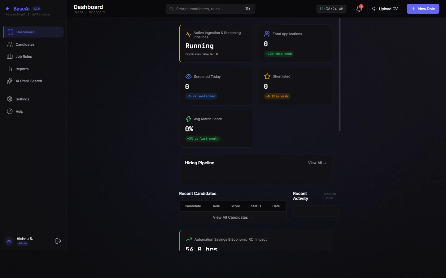 The recruitment console: applications, screened today, shortlisted, average match score, and the hiring pipeline.